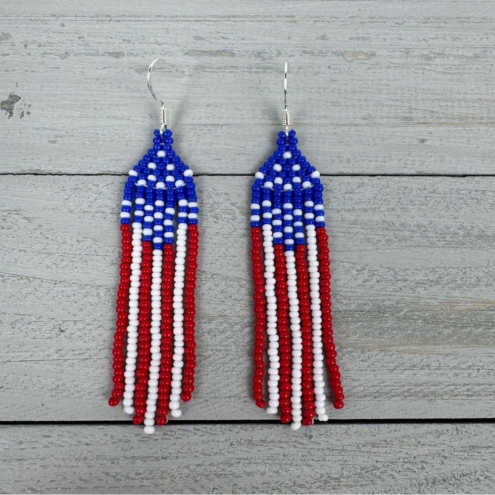 Patriotic Seed Beaded Dangle Earrings 3” Long‎ Red White Blue Flag Handmade